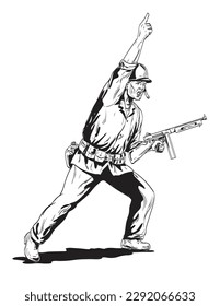 Comics style drawing or illustration of a World War Two American GI soldier with rifle leading charge viewed from side angle on isolated background done in black and white retro style.