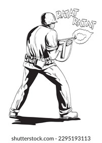 Dibujo al estilo de las historietas o ilustración de un soldado de la Segunda Guerra Mundial que disparó rifle apuntando desde el frente con un fondo aislado en estilo retro blanco y negro.