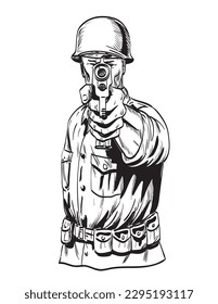 Comics style drawing or illustration of a World War Two American GI soldier aiming pistol viewed from front on isolated background in black and white retro style.