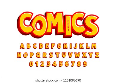 Comics style font, alphabet letters and numbers, vector illustration