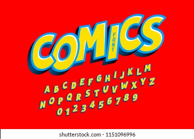 Comics style font, alphabet letters and numbers, vector illustration