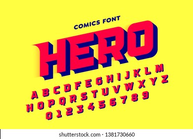 Comics style font, alphabet letters and numbers, vector illustration