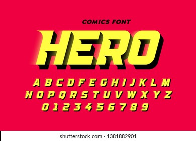 Comics style font, alphabet letters and numbers, vector illustration