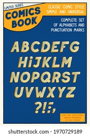 Comics style font. Complete set of alphabet and punctuation marks with halftone effect. Vector graphics