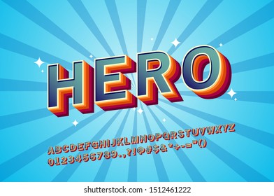 Comics style font design, alphabet letters and numbers, classic and retro style, text design custom vector font effect for design element.
