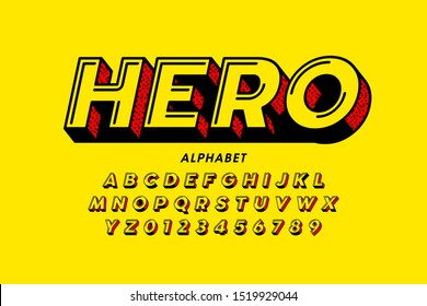 Comics style font design, super hero alphabet, letters and numbers vector illustration