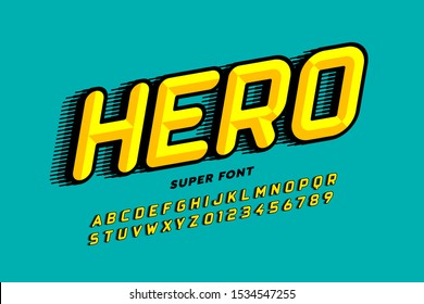 Comics style font design, super hero alphabet, letters and numbers, vector illustration