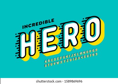 Comics style font design, super hero alphabet, letters and numbers, vector illustration