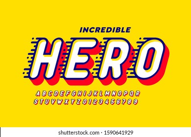 Comics style font design, super hero alphabet, letters and numbers, vector illustration