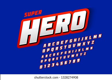 Comics style font design, superhero inspired alphabet, upper and lowercase alphabet letters and numbers