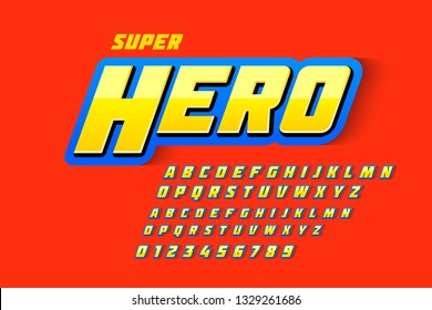 Comics style font design, superhero inspired alphabet, upper and lowercase alphabet letters and numbers