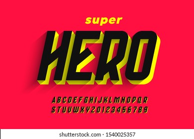 Comics style font design, superhero alphabet, letters and numbers vector illustration