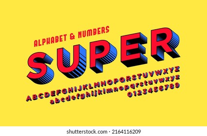 Comics style font with halftone effect, alphabet letters and numbers. SuperHero style font design