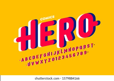 Comics style font, super hero alphabet, letters and numbers, vector illustration