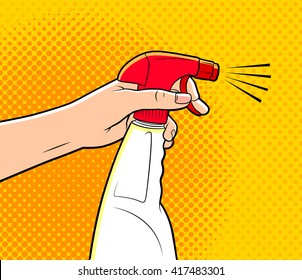 comics style illustration of a hand holding cleaning spray