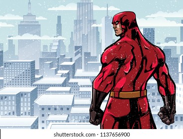 Comics style illustration of powerful superhero standing ready for battle on winter city background.