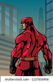 Comics style illustration of powerful superhero standing on cityscape background.