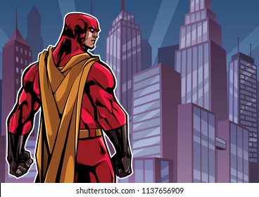 Comics style illustration of powerful superhero standing on cityscape background.