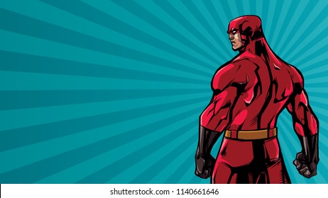 Comics style illustration of powerful superhero standing on ray light background.