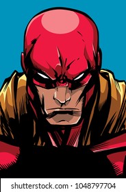 Comics style llustration of the portrait of a powerful superhero looking at camera with a tough facial expression isolated on blue background.