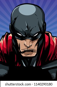 Comics style llustration of the portrait of a powerful superhero looking at camera with a tough facial expression.