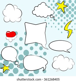 Comics style. Set of empty bubbles graphic black-and-white book speech, vector template for your text on a blue background halftone. 