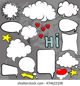 Comics style. Set of empty bubbles graphic black-and-white book speech, vector template for your text on a blue background halftone. 