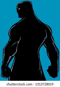 Comics style silhouette illustration of powerful superhero standing ready for battle.