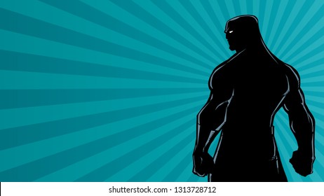 Comics style silhouette illustration of powerful superhero standing on ray light background.