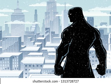 Comics style silhouette illustration of powerful superhero standing ready for battle on winter city background.