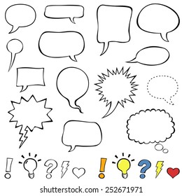 Comics style speech bubbles. Collection set of cute speech balloon doodles plus some punctuation marks, symbols, and bubbles. Vector illustration.  