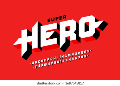 Comics style super hero font, capital alphabet letters and numbers vector illustration