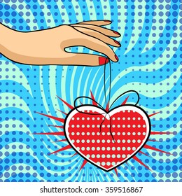 Comics style Valentine's day card with a female hand, holding a heart
