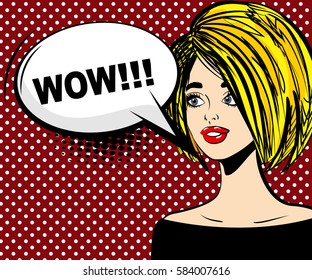 Comics style. Vector illustration. Surprised attractive pop art blonde girl says wow. Pin up woman with sensual sexy red lips talking. Comic speech bubble phrase wow