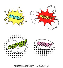 Comics style vector stickers set of 4: WOW! POOF! OOPS! WOW!