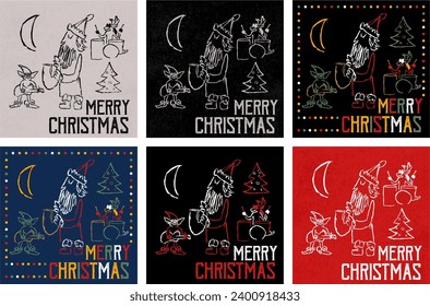  Comics style vintage vector New year and Christmas poster with jazzman cool Santa, reindeer and Christmas elf playing with saxophone, guitar and drum