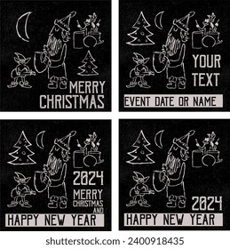  Comics style vintage vector New year and Christmas poster with jazzman cool Santa, reindeer and Christmas elf playing with saxophone, guitar and drum