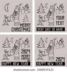  Comics style vintage vector New year and Christmas poster with jazzman cool Santa, reindeer and Christmas elf playing with saxophone, guitar and drum