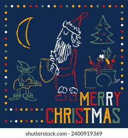 Comics style vintage vector New year and Christmas poster with jazzman cool Santa, reindeer and Christmas elf playing with saxophone, guitar and drum