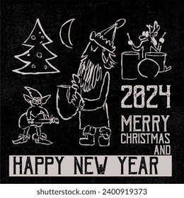  Comics style vintage vector New year and Christmas poster with jazzman cool Santa, reindeer and Christmas elf playing with saxophone, guitar and drum