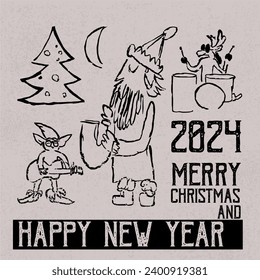  Comics style vintage vector New year and Christmas poster with jazzman cool Santa, reindeer and Christmas elf playing with saxophone, guitar and drum