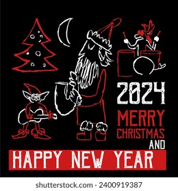  Comics style vintage vector New year and Christmas poster with jazzman cool Santa, reindeer and Christmas elf playing with saxophone, guitar and drum