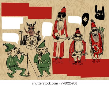 Comics style vintage vector poster with rock star cool Santas with guitars, Tambourine and sunglasses, reindeer playing on drum and Christmas elves are singing. great for Christmas rock party or event