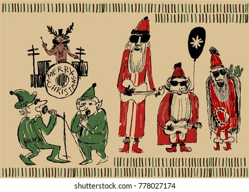 Comics style vintage vector poster with rock star Santas, guitars, Tambourine and sunglasses, reindeer playing on drum and Christmas elves are singing. great poster for Christmas rock party or event