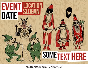 Comics style vintage vector poster with rock star cool Santas with guitars, Tambourine and sunglasses, reindeer playing on drum and Christmas elves are singing. great for Christmas rock party or event