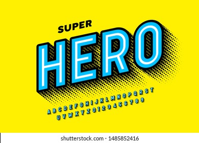 Comics Super Hero style font, alphabet letters and numbers vector illustration