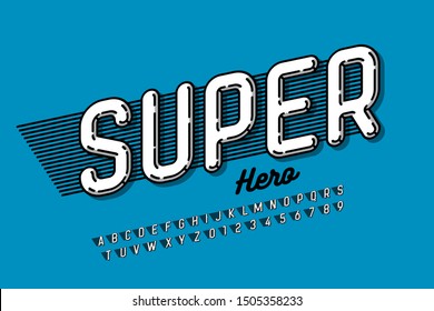 Comics Super Hero style font, alphabet letters and numbers, vector illustration