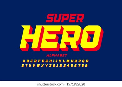 Comics super hero style font, alphabet letters and numbers, vector illustration