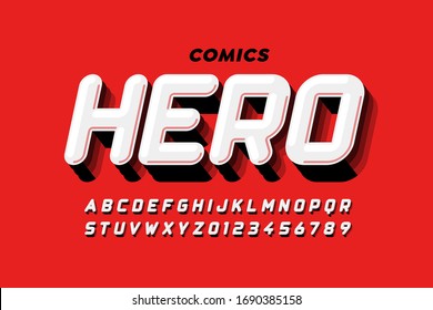 Comics diseño de fuentes de estilo super héroe, letras y números alfabéticos, ilustración vectorial