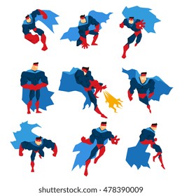 Comics Superhero With Blue Cape In Action Classic Poses Stickers